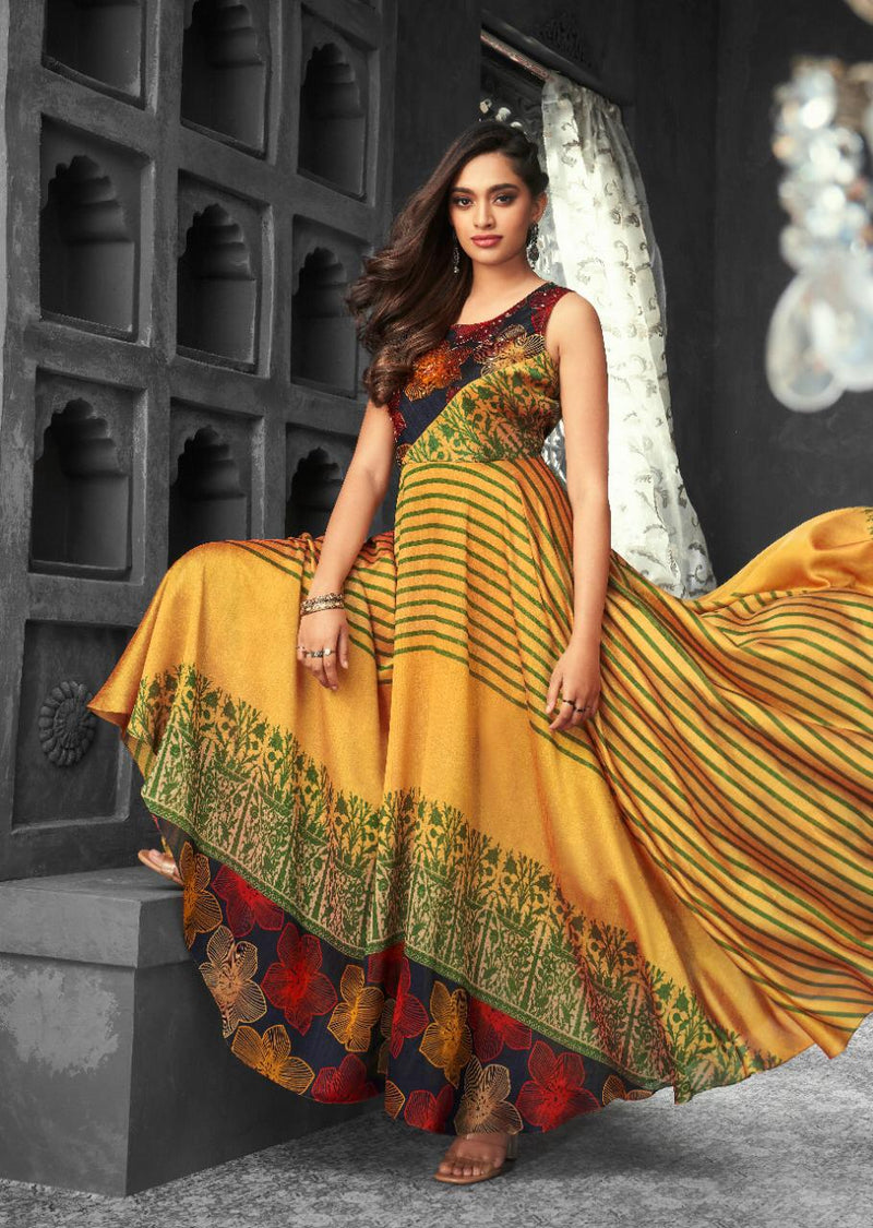 Hiva Designer Launch By Flow Soft Silk Long Gown Type Designer Wedding Wear Fancy Kurtis