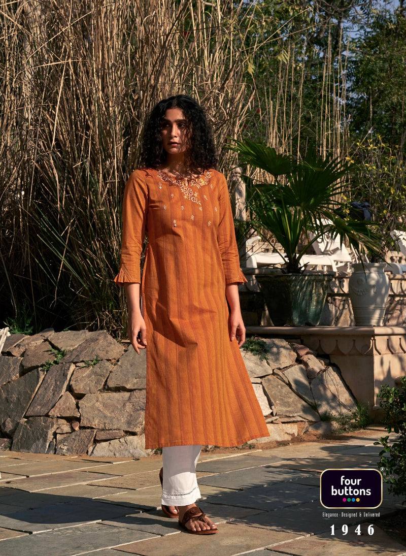 Four Buttons Kaaya Cotton Fancy Embroidered Festive Wear Kurtis