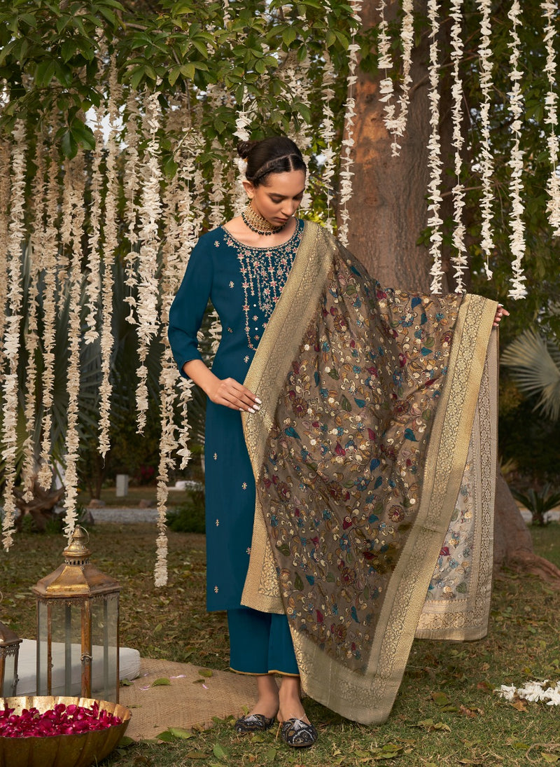 Four Buttons Kalamkari Viscose Silk Designer Heavy Party Wear Kurtis With Dupatta & Bottom