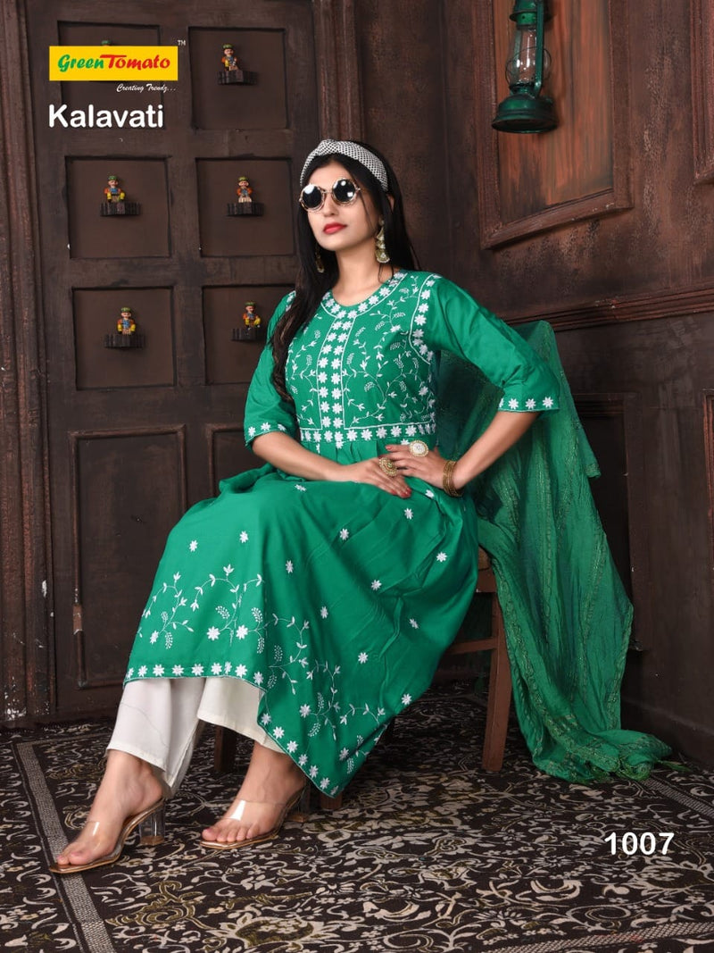 Green Tomato Kalavati Rayon Thread Work Designer Kurtis With Bottom & Dupatta