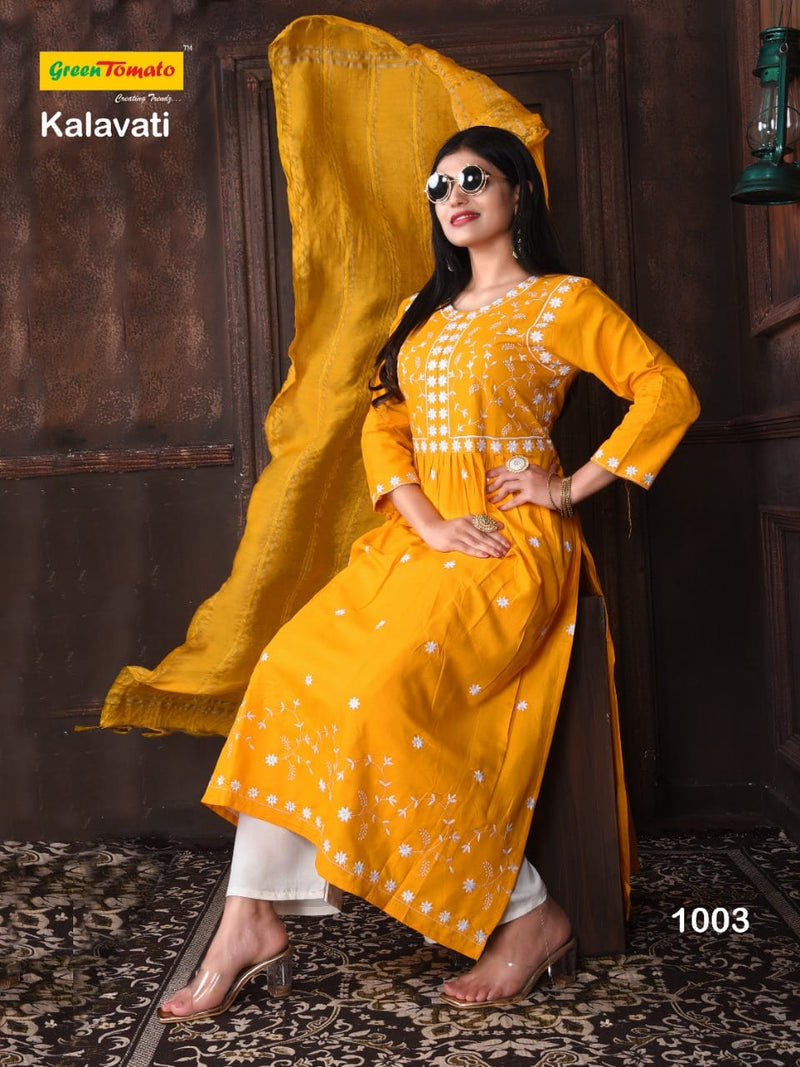 Green Tomato Kalavati Rayon Thread Work Designer Kurtis With Bottom & Dupatta