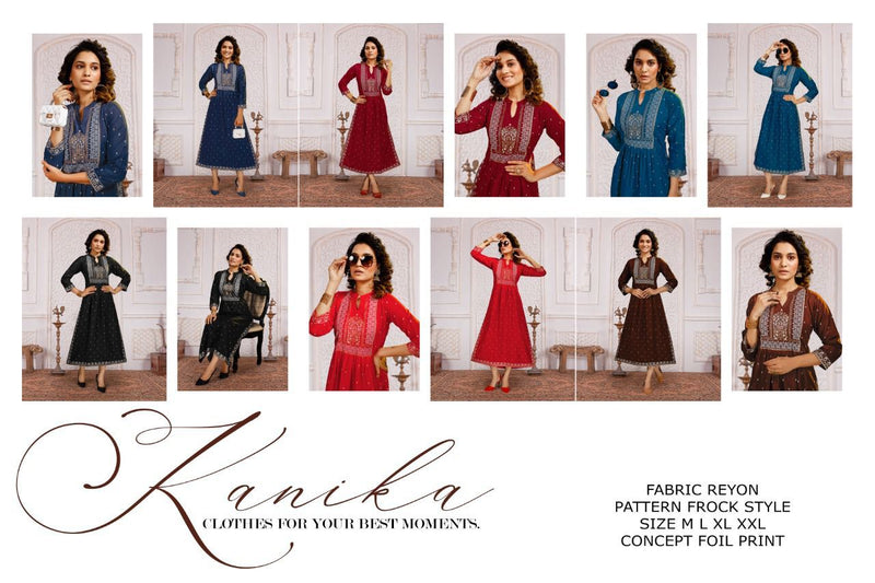 Golden Kanika Rayon Foil Printed Fancy Party Wear Kurtis