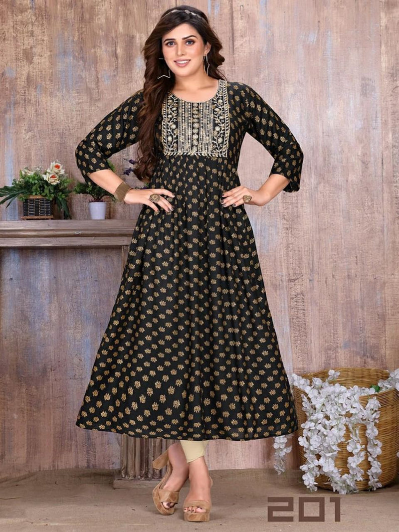 Beauty Karuna Rayon Gold Print With Sequence Work Stylish Designer Casual Look Fancy Kurti