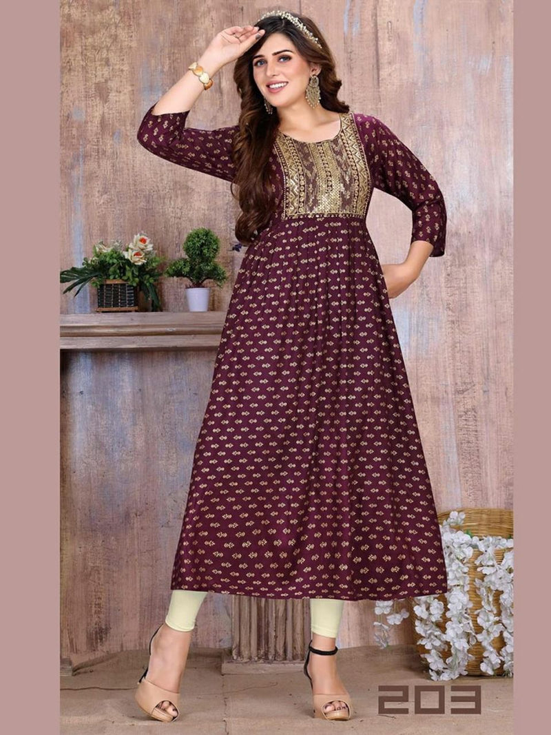 Beauty Karuna Rayon Gold Print With Sequence Work Stylish Designer Casual Look Fancy Kurti