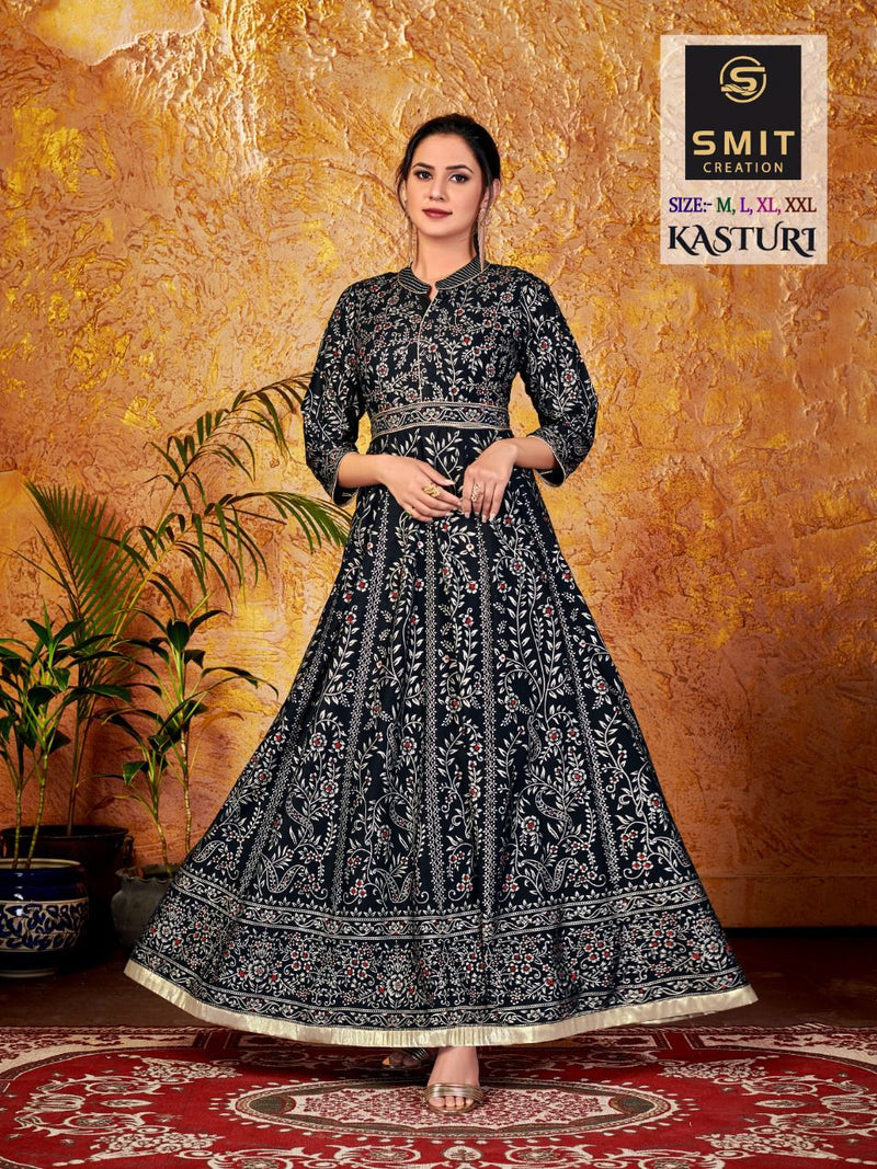 Poonam Designer Kasturi Rayon Long Gown Style Party Wear Kurtis With Minakari Foil Print