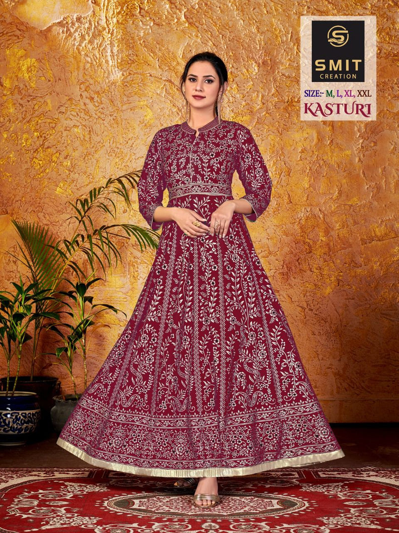 Poonam Designer Kasturi Rayon Long Gown Style Party Wear Kurtis With Minakari Foil Print