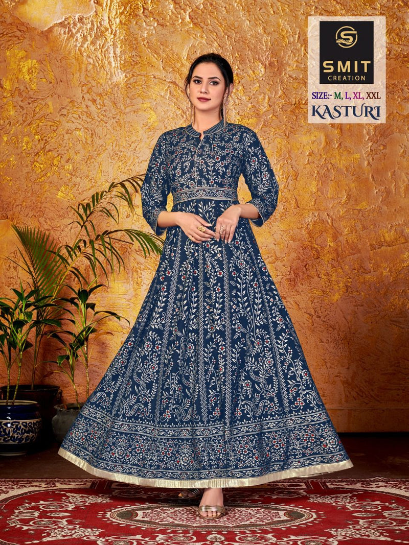 Poonam Designer Kasturi Rayon Long Gown Style Party Wear Kurtis With Minakari Foil Print