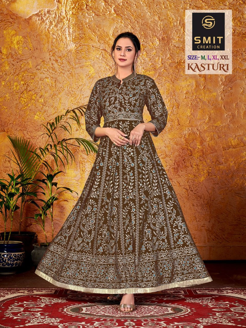 Poonam Designer Kasturi Rayon Long Gown Style Party Wear Kurtis With Minakari Foil Print