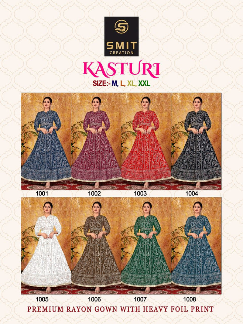 Poonam Designer Kasturi Rayon Long Gown Style Party Wear Kurtis With Minakari Foil Print