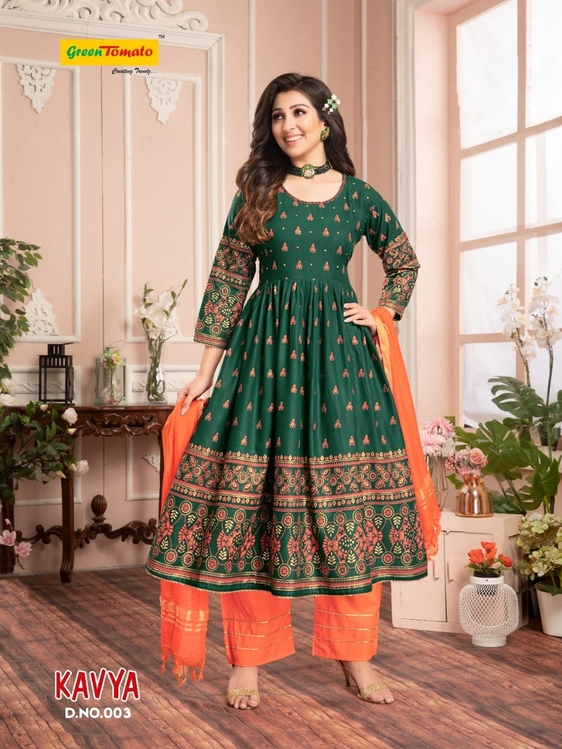 Green Tomato Kavya Rayon Fancy Printed Party Wear Kurtis With Plazo