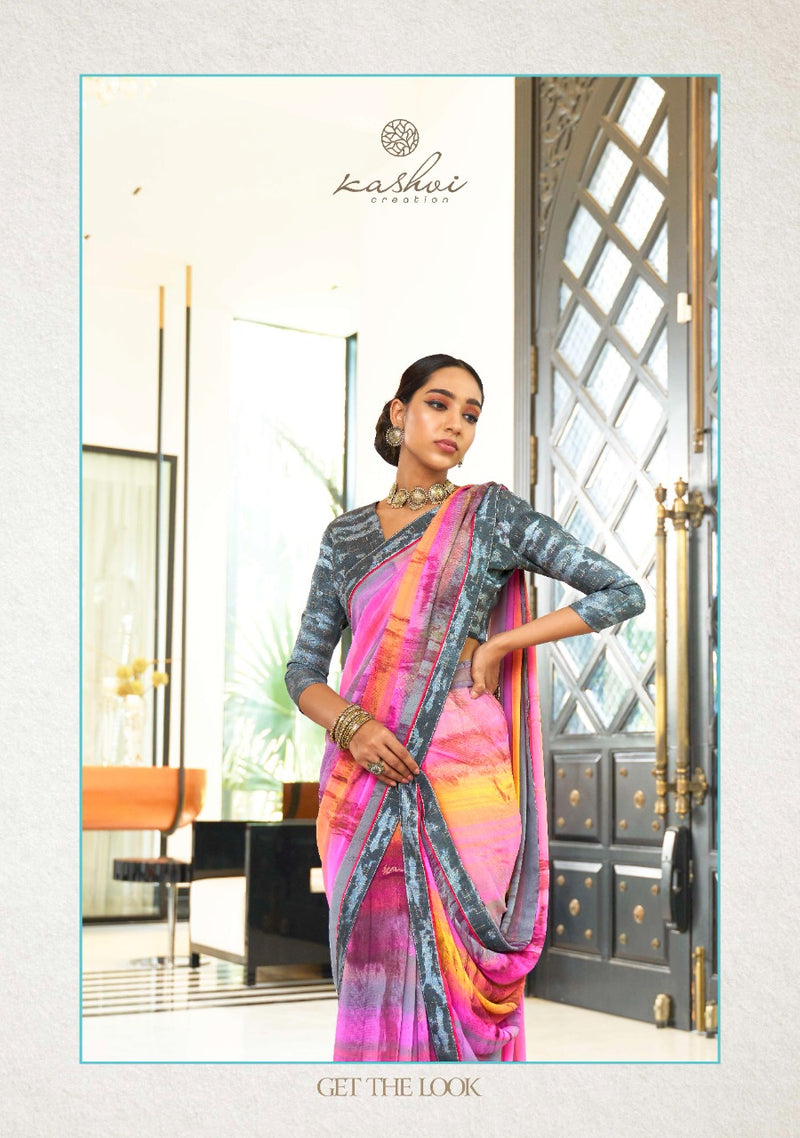 Kashvi Creation Launch By Sathiya Georgette With Fancy Printed Jari Designer Casual Wear Sarees