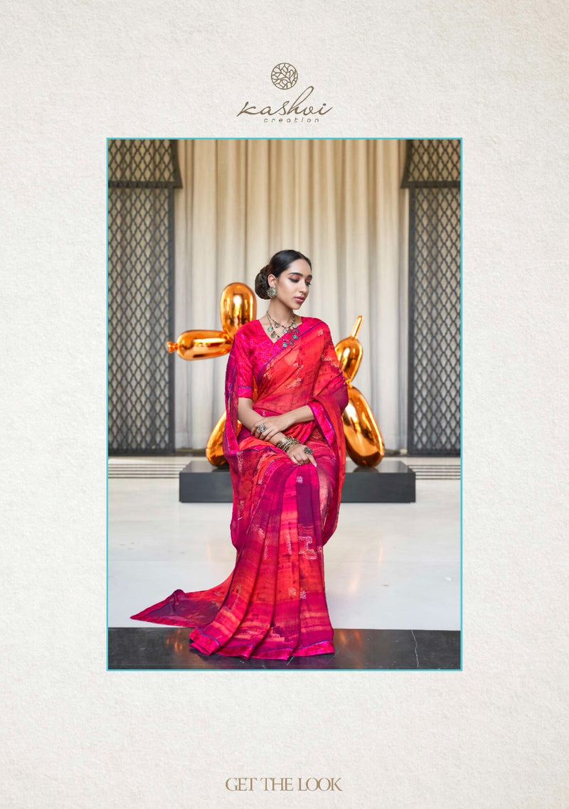 Kashvi Creation Launch By Sathiya Georgette With Fancy Printed Jari Designer Casual Wear Sarees