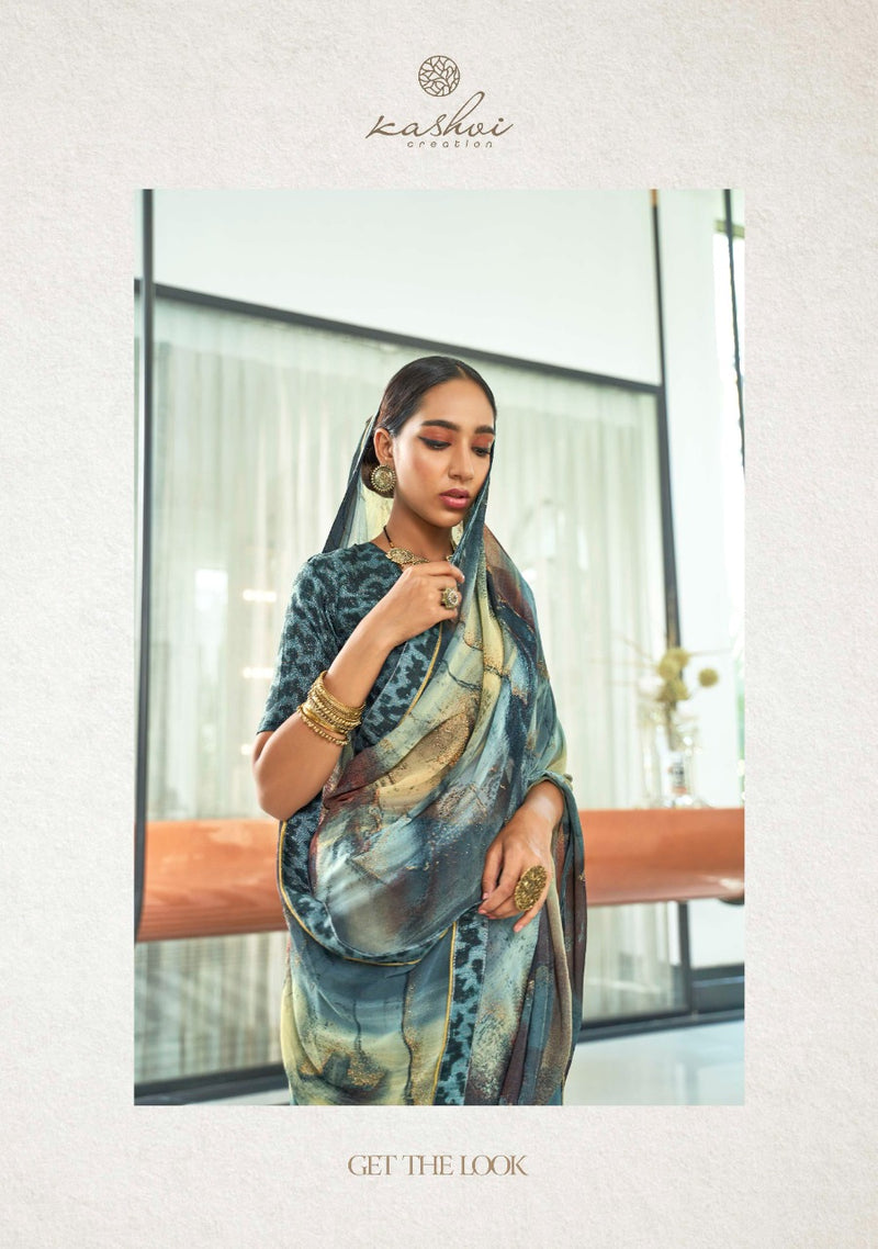 Kashvi Creation Launch By Sathiya Georgette With Fancy Printed Jari Designer Casual Wear Sarees