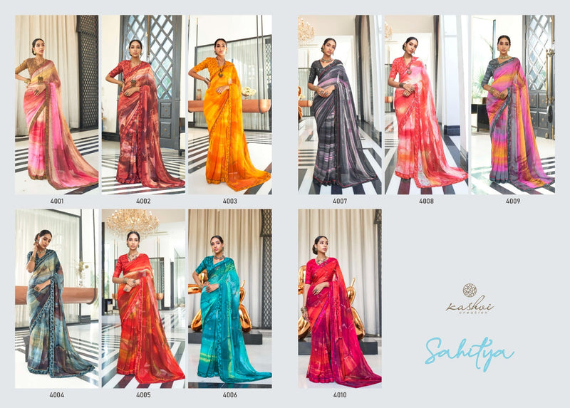 Kashvi Creation Launch By Sathiya Georgette With Fancy Printed Jari Designer Casual Wear Sarees