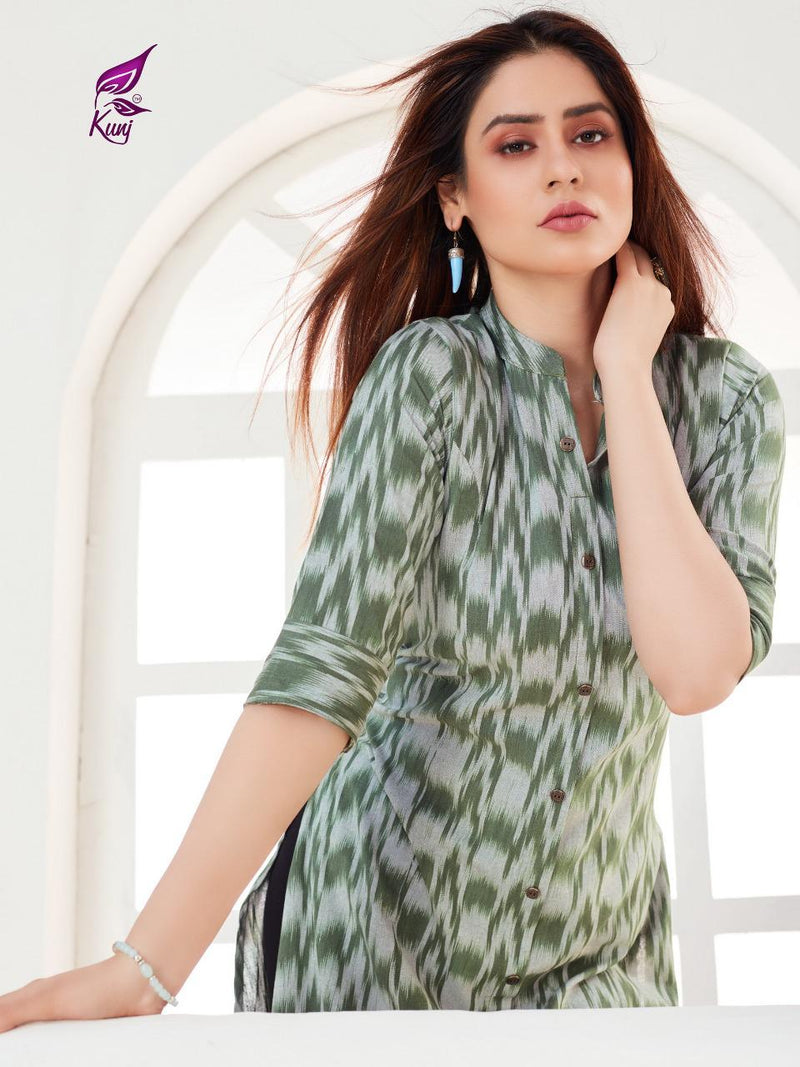 Kunj Rayon Ikki Vol 10 Rayon Ikkat Printed Long Fancy Formal Wear Exclusive Deisgner Kurtis