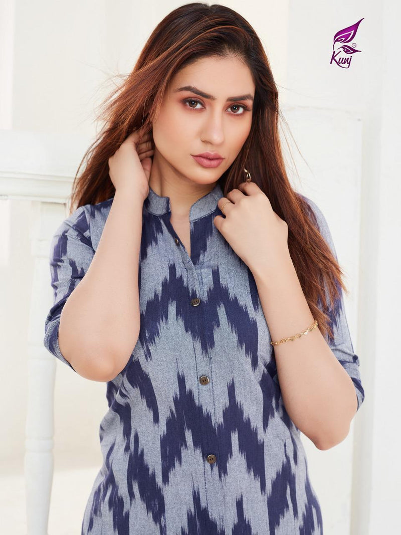 Kunj Rayon Ikki Vol 10 Rayon Ikkat Printed Long Fancy Formal Wear Exclusive Deisgner Kurtis