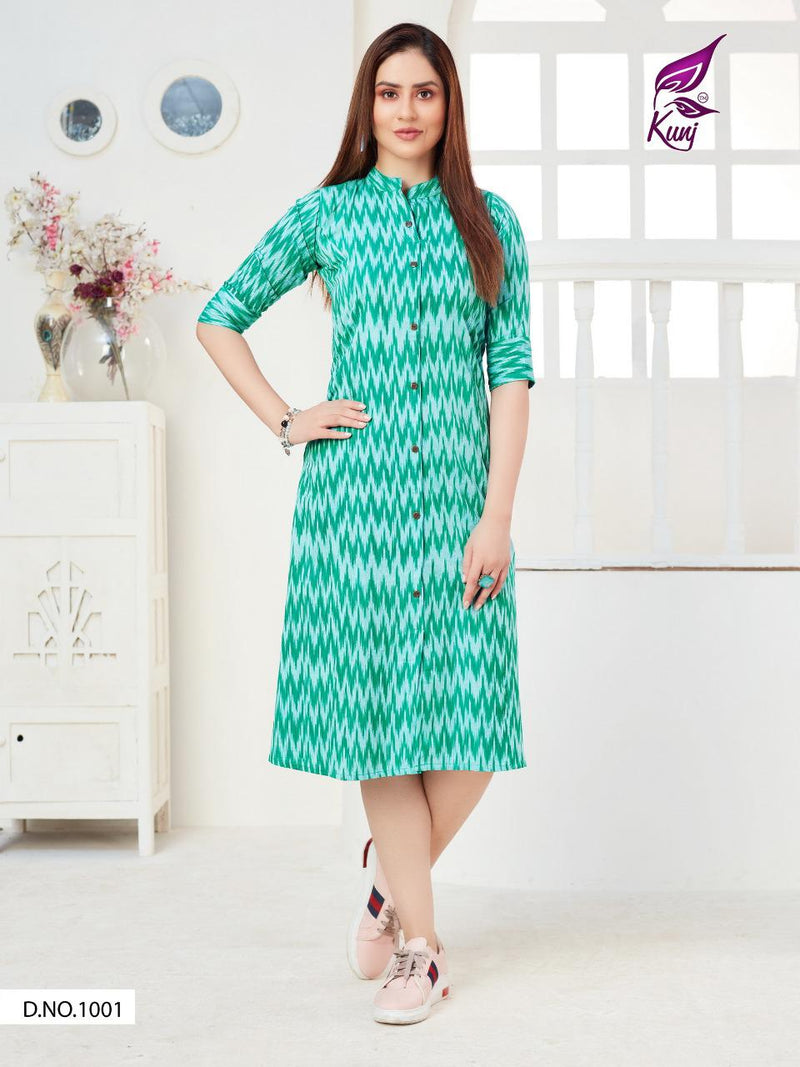 Kunj Rayon Ikki Vol 10 Rayon Ikkat Printed Long Fancy Formal Wear Exclusive Deisgner Kurtis