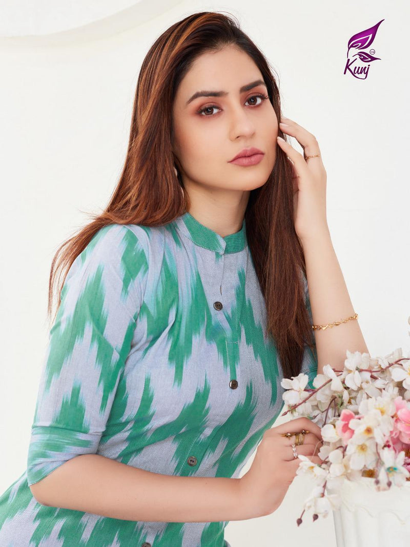 Kunj Rayon Ikki Vol 10 Rayon Ikkat Printed Long Fancy Formal Wear Exclusive Deisgner Kurtis