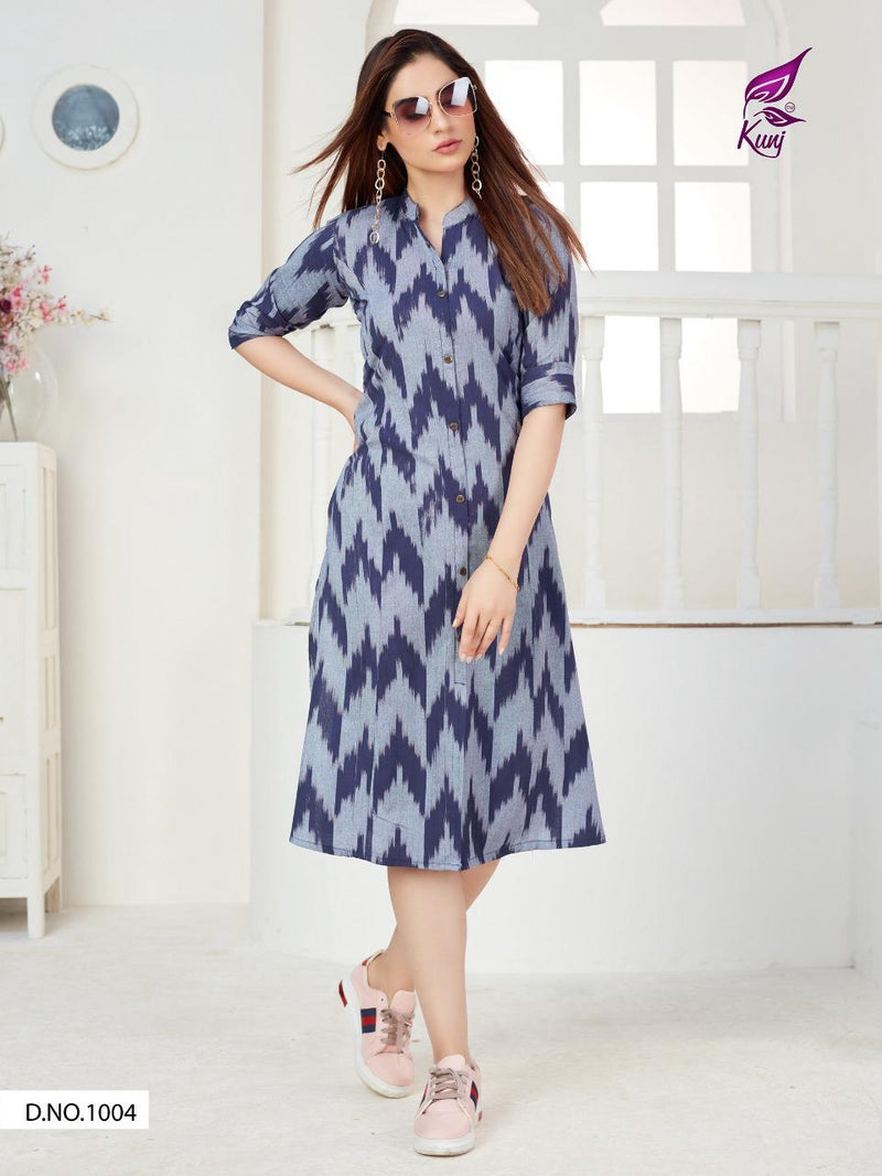 Kunj Rayon Ikki Vol 10 Rayon Ikkat Printed Long Fancy Formal Wear Exclusive Deisgner Kurtis