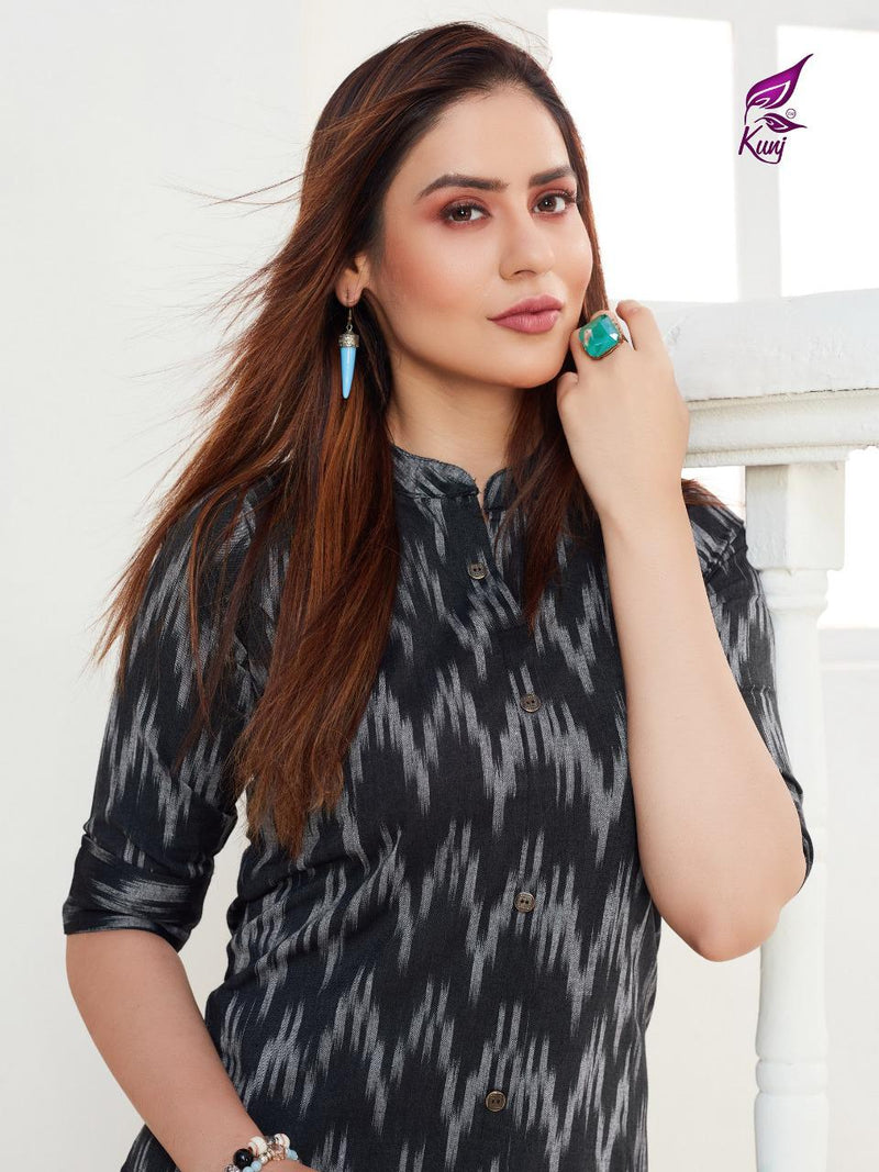 Kunj Rayon Ikki Vol 10 Rayon Ikkat Printed Long Fancy Formal Wear Exclusive Deisgner Kurtis