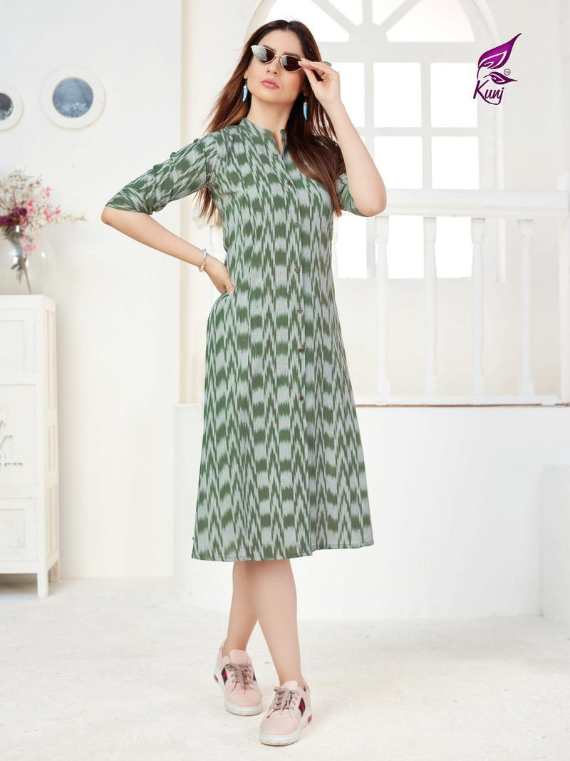 Kunj Rayon Ikki Vol 10 Rayon Ikkat Printed Long Fancy Formal Wear Exclusive Deisgner Kurtis