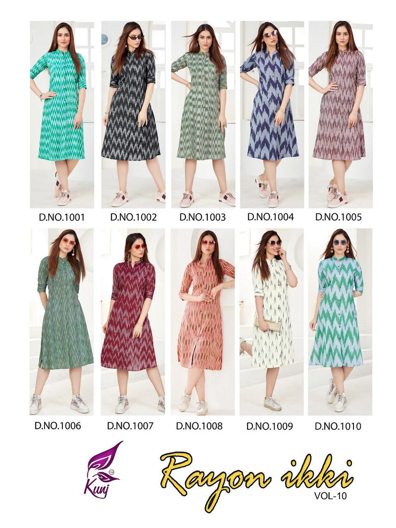 Kunj Rayon Ikki Vol 10 Rayon Ikkat Printed Long Fancy Formal Wear Exclusive Deisgner Kurtis