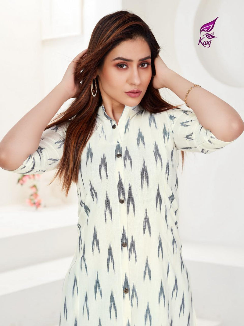 Kunj Rayon Ikki Vol 10 Rayon Ikkat Printed Long Fancy Formal Wear Exclusive Deisgner Kurtis