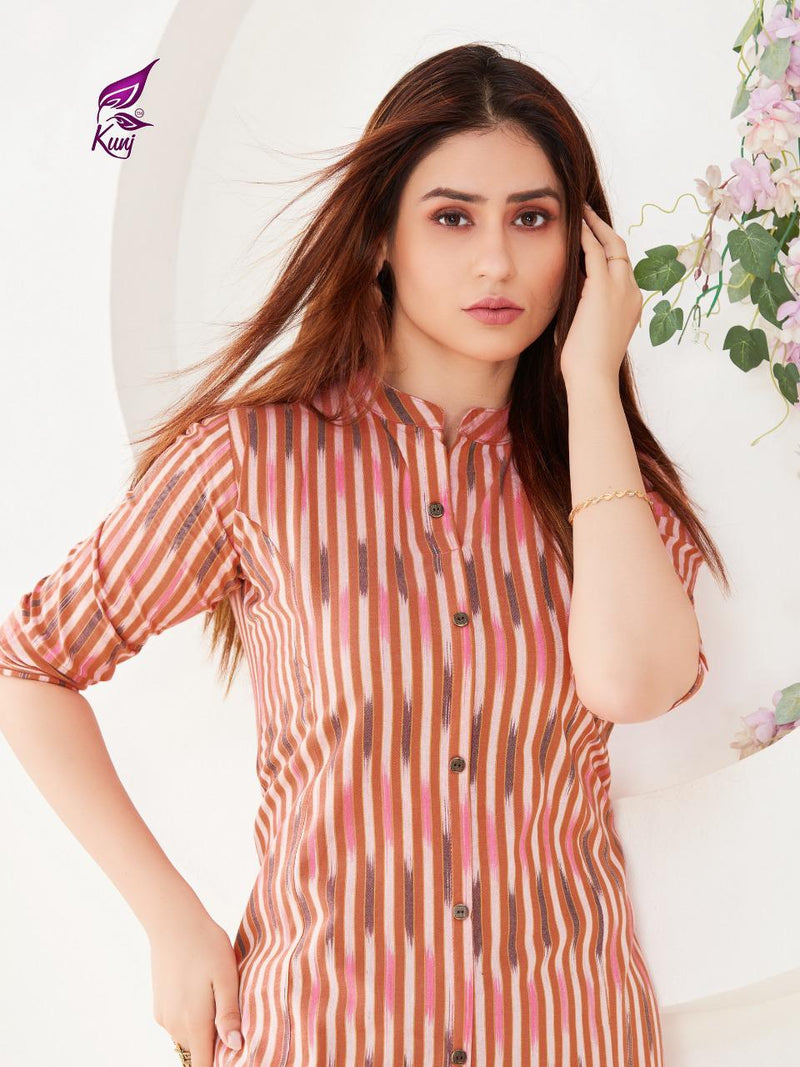 Kunj Rayon Ikki Vol 10 Rayon Ikkat Printed Long Fancy Formal Wear Exclusive Deisgner Kurtis