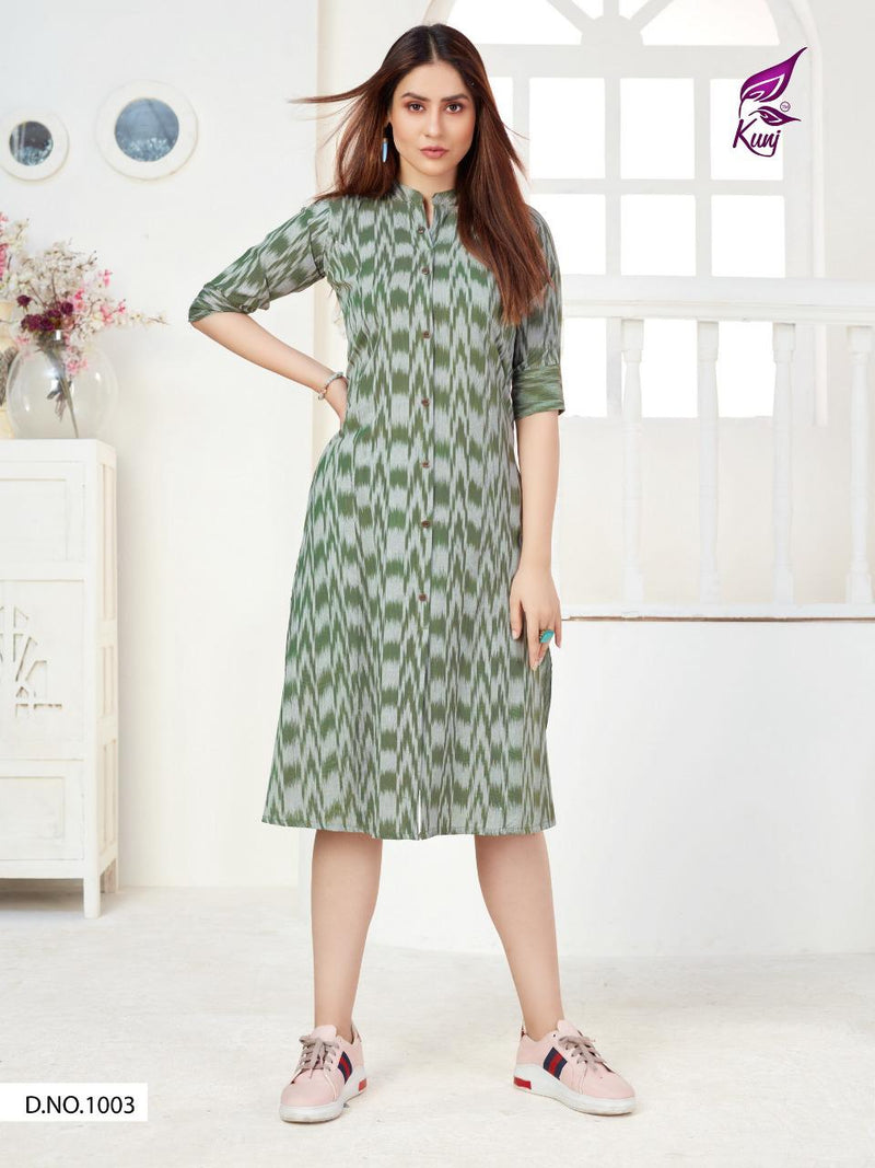 Kunj Rayon Ikki Vol 10 Rayon Ikkat Printed Long Fancy Formal Wear Exclusive Deisgner Kurtis