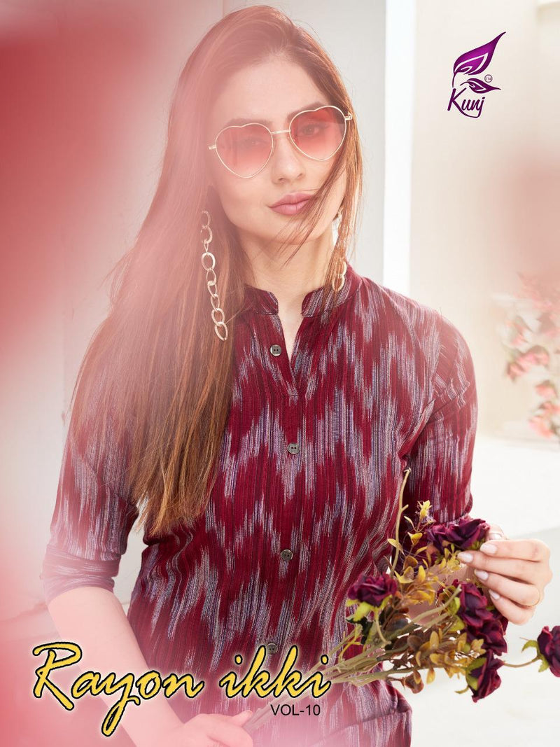 Kunj Rayon Ikki Vol 10 Rayon Ikkat Printed Long Fancy Formal Wear Exclusive Deisgner Kurtis