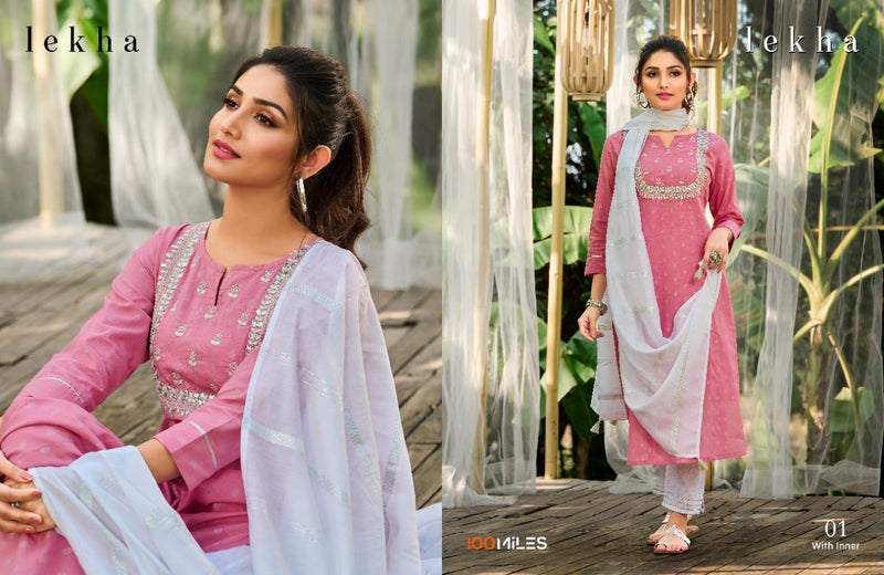 100 Miles Lekha Cotton Fancy Embroidered Party Wear Kurtis With Pant Style Bottom & Dupatta