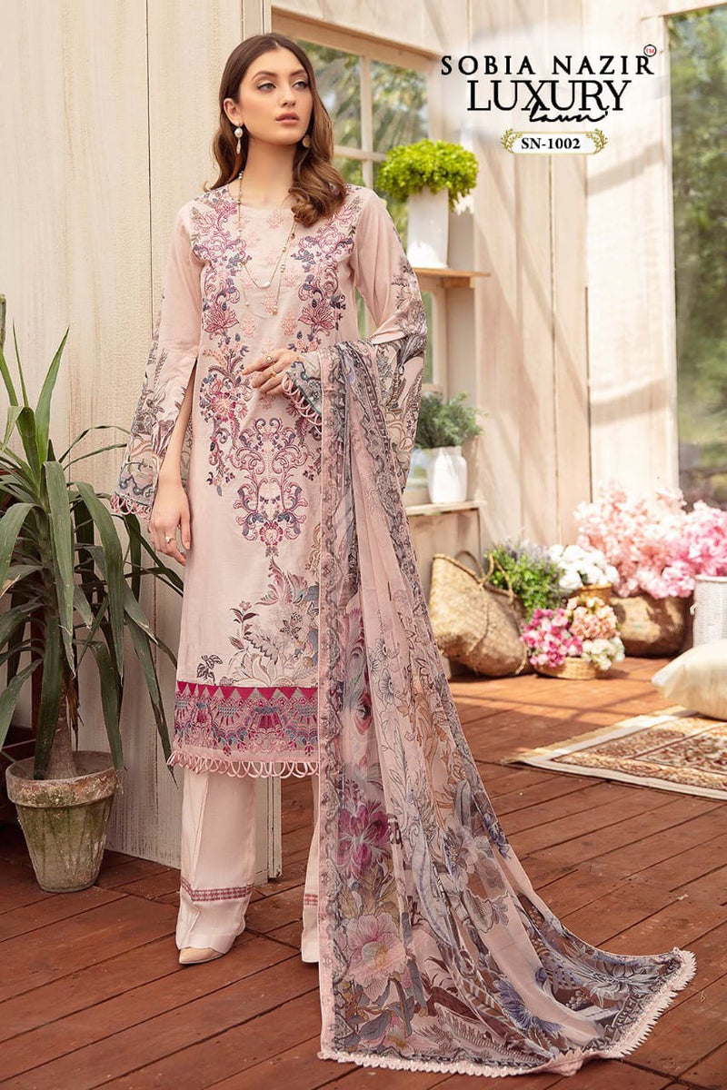 Sobia Nazir Luxury Lawn SN 1002 Cambric Cotton Embroidered Pakistani Style Embroidered Party Wear Salwar Suits