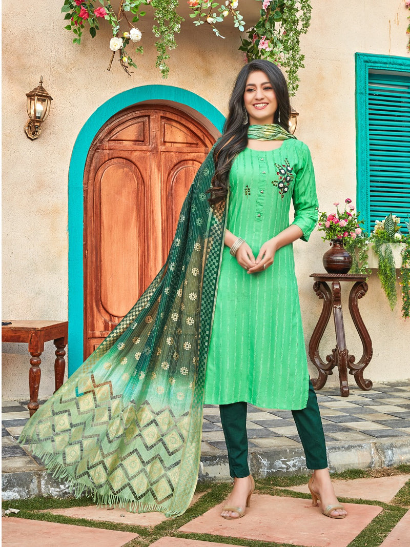 Smylee Fashion Maahi Rayon Designer Fancy Beautiful Party Wear Kurtis With Bottom & Dupatta