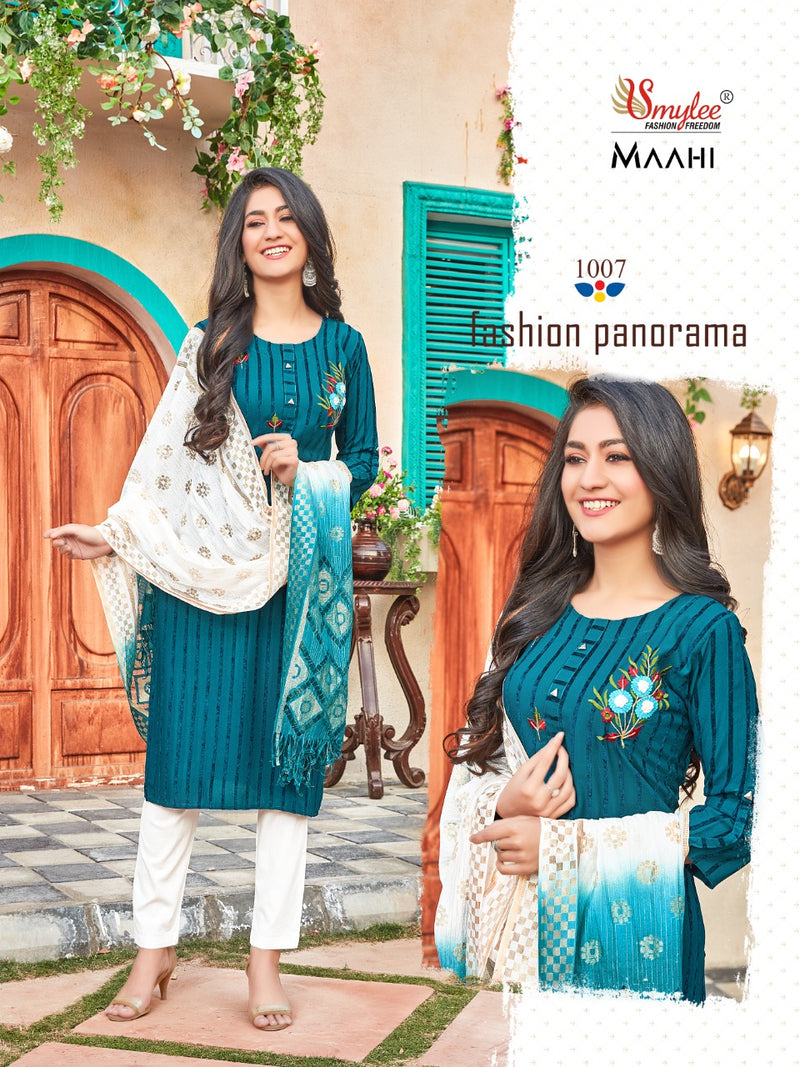 Smylee Fashion Maahi Rayon Designer Fancy Beautiful Party Wear Kurtis With Bottom & Dupatta