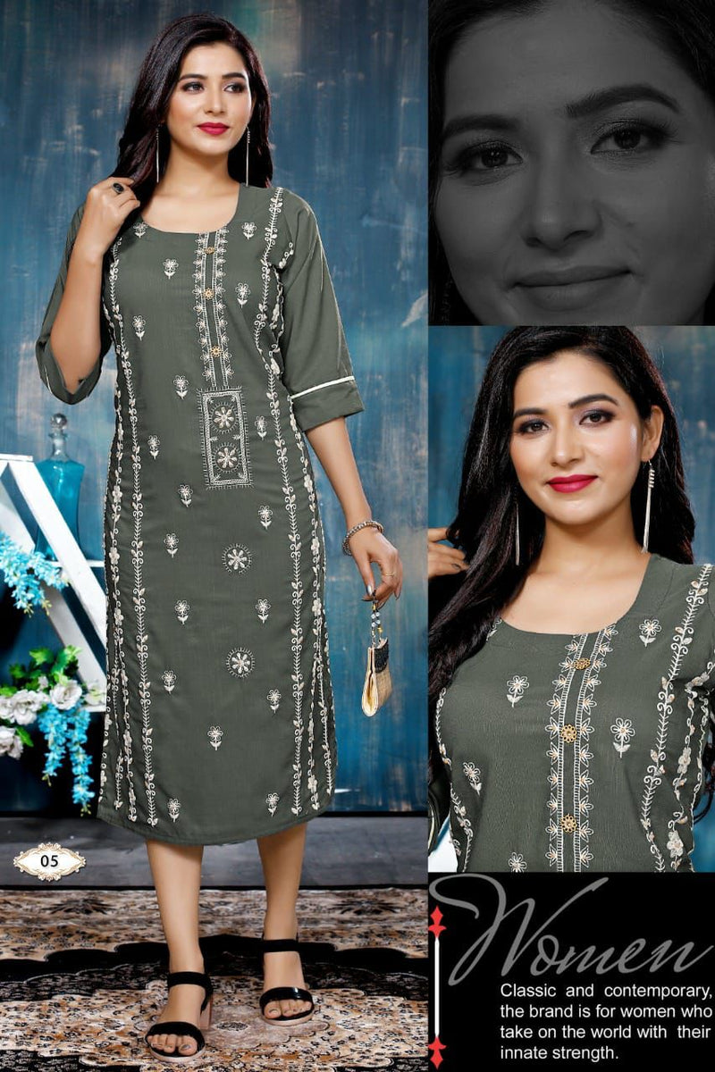 Beauty Queen Mahera Vol 1 Rayon With Embroidery Work Stylish Designer Casual Look Fancy Kurti