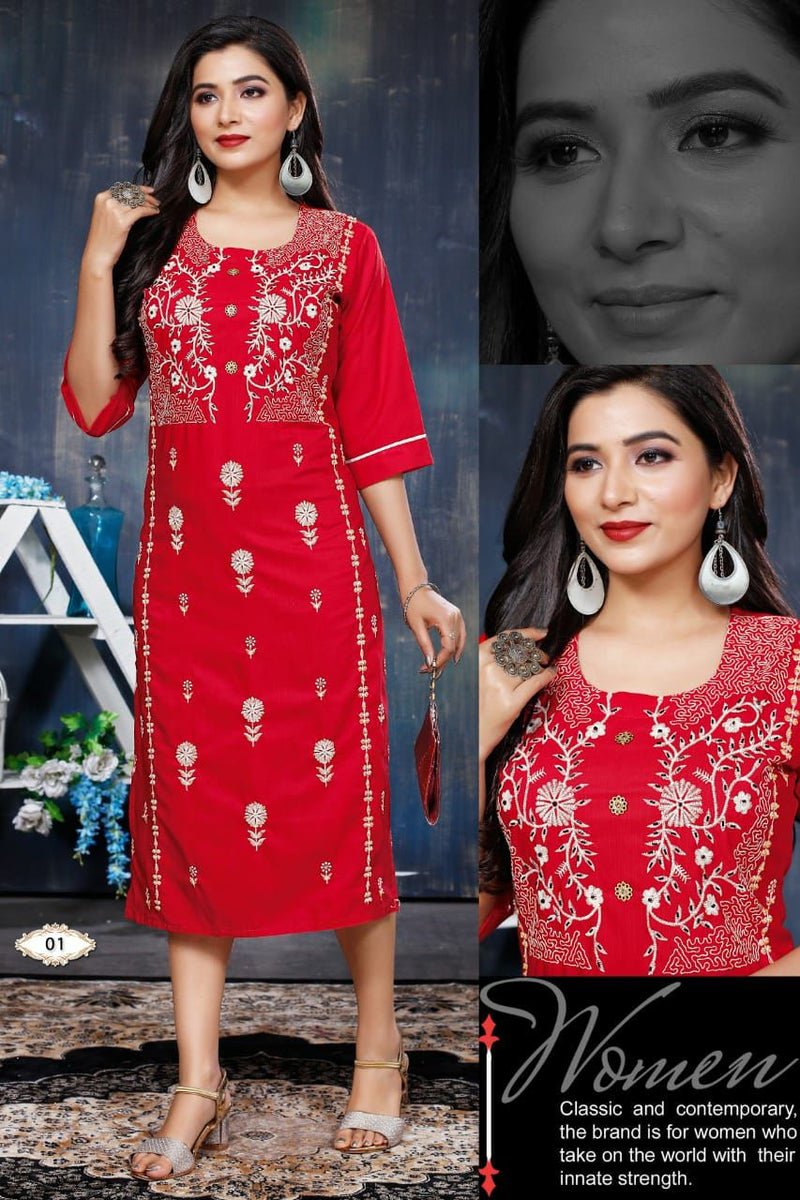 Beauty Queen Mahera Vol 1 Rayon With Embroidery Work Stylish Designer Casual Look Fancy Kurti