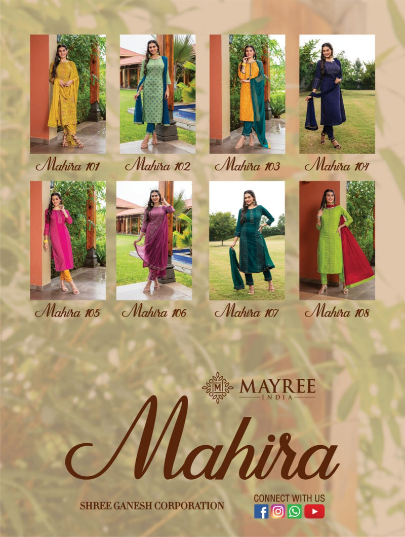 Mayree India Mahira Vol 1 Rayon Fancy Party Wear Kurtis With Pant & Dupatta