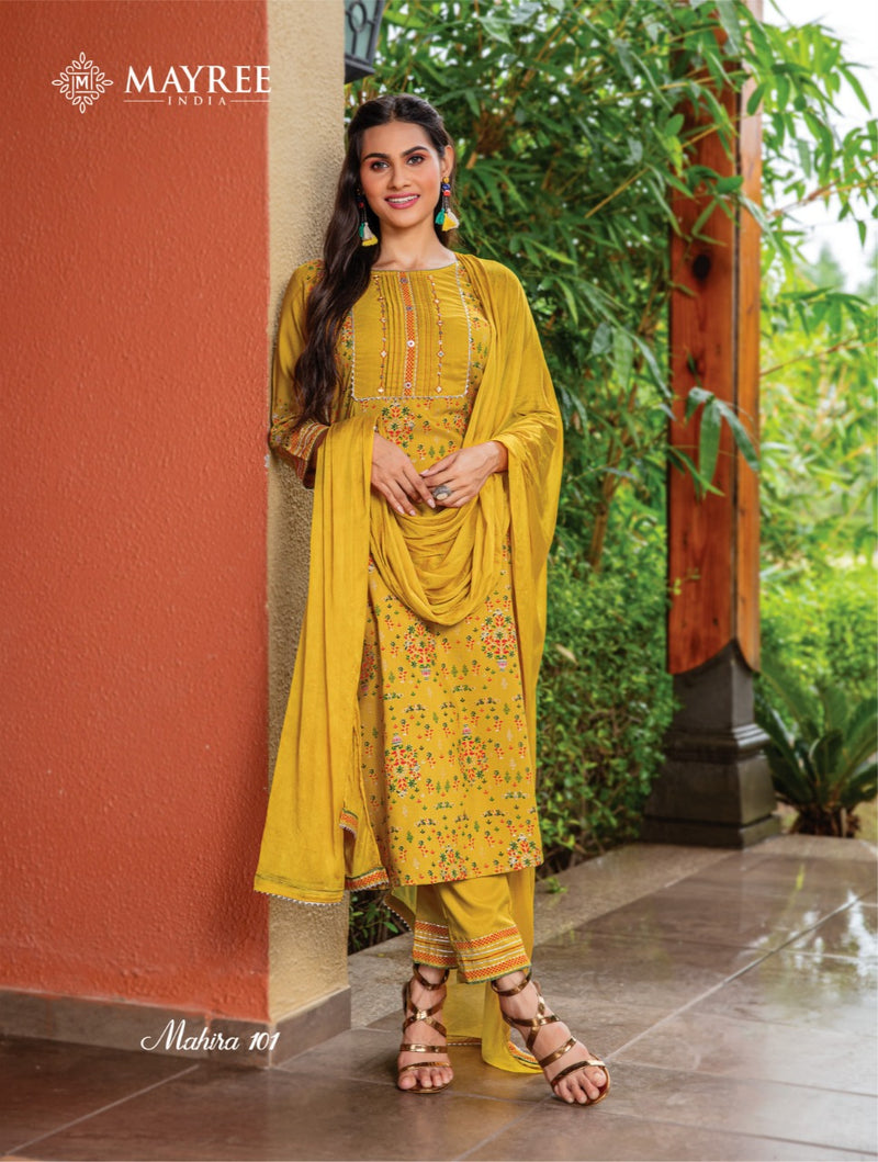 Mayree India Mahira Vol 1 Rayon Fancy Party Wear Kurtis With Pant & Dupatta