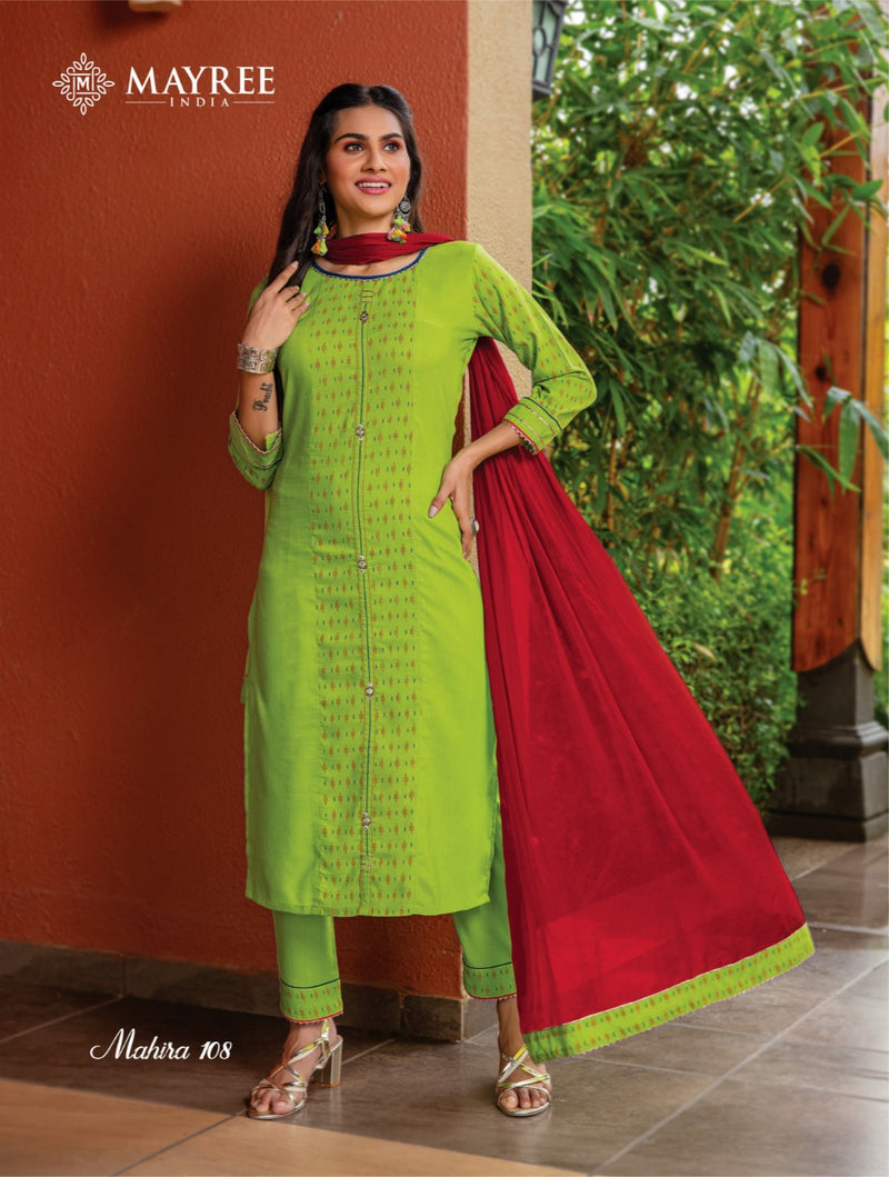 Mayree India Mahira Vol 1 Rayon Fancy Party Wear Kurtis With Pant & Dupatta