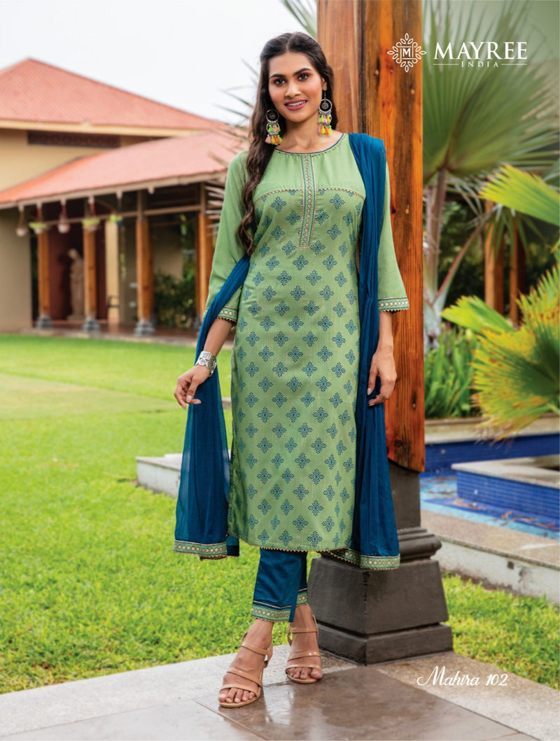 Mayree India Mahira Vol 1 Rayon Fancy Party Wear Kurtis With Pant & Dupatta