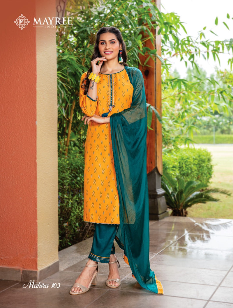 Mayree India Mahira Vol 1 Rayon Fancy Party Wear Kurtis With Pant & Dupatta