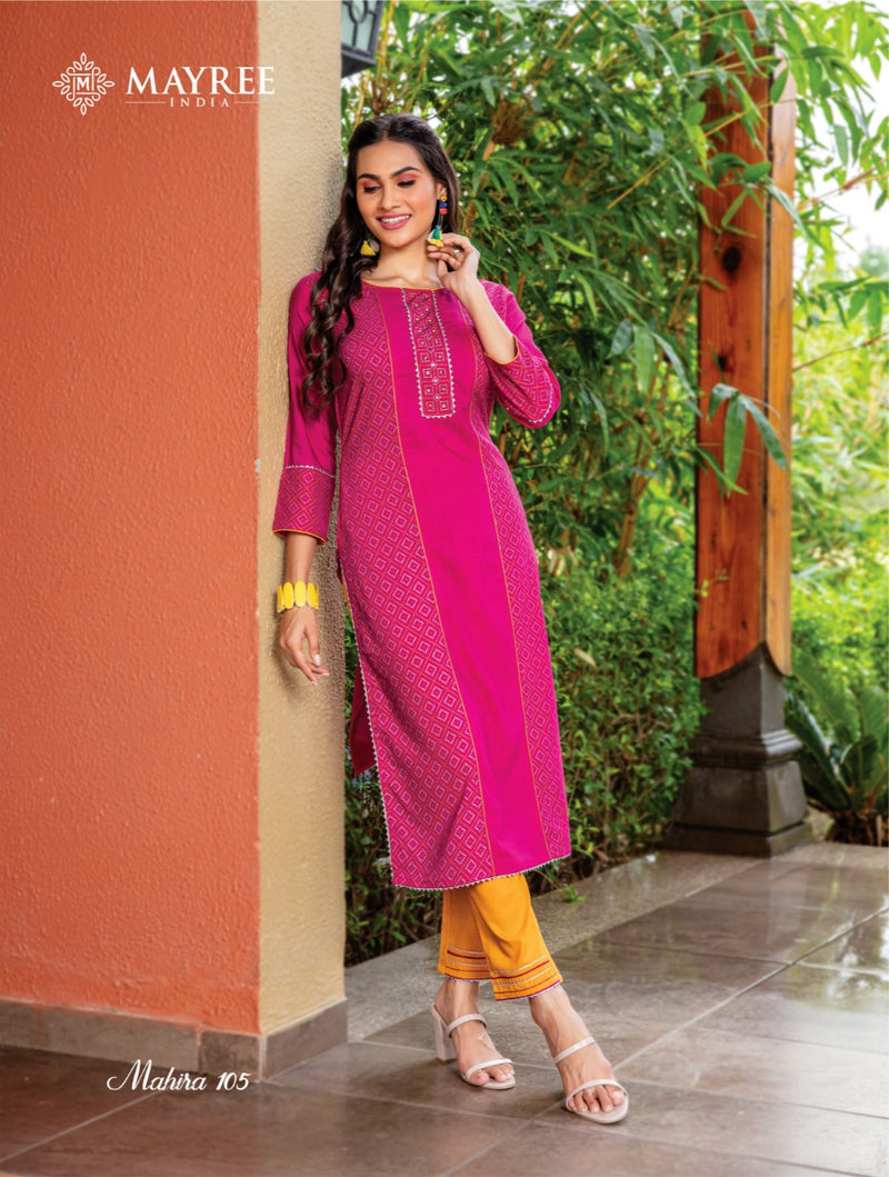 Mayree India Mahira Vol 1 Rayon Fancy Party Wear Kurtis With Pant & Dupatta