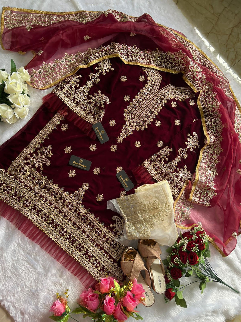 Ziaaz Maroon Mirror Velvet With Beautiful Embroidery Work Stylish Designer Wedding Wear Salwar Kameez