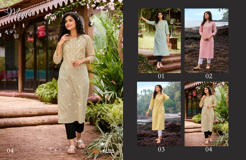 100 Miles Megha Linen Cotton Fancy Embroidered Party Wear Kurtis