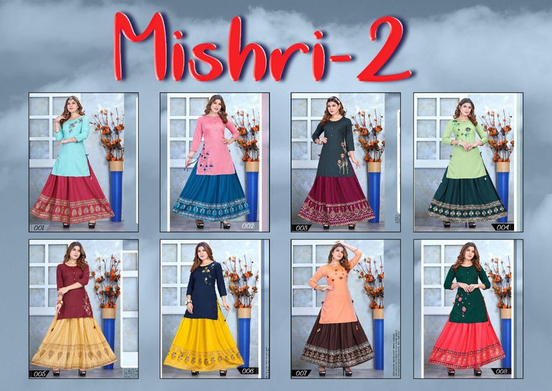 Beauty Queen Mishri Vol 2 Rayon Fancy Embroidered Party Wear Kurtis With Skirt