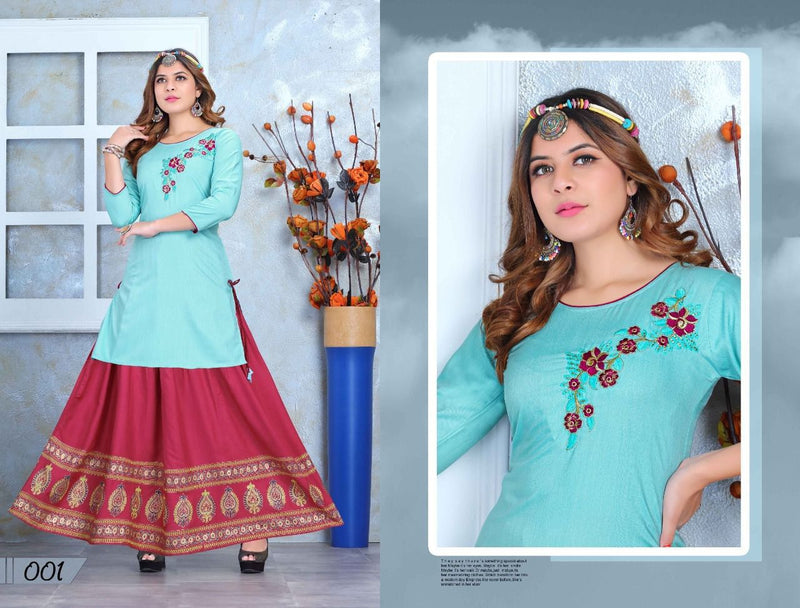 Beauty Queen Mishri Vol 2 Rayon Fancy Embroidered Party Wear Kurtis With Skirt