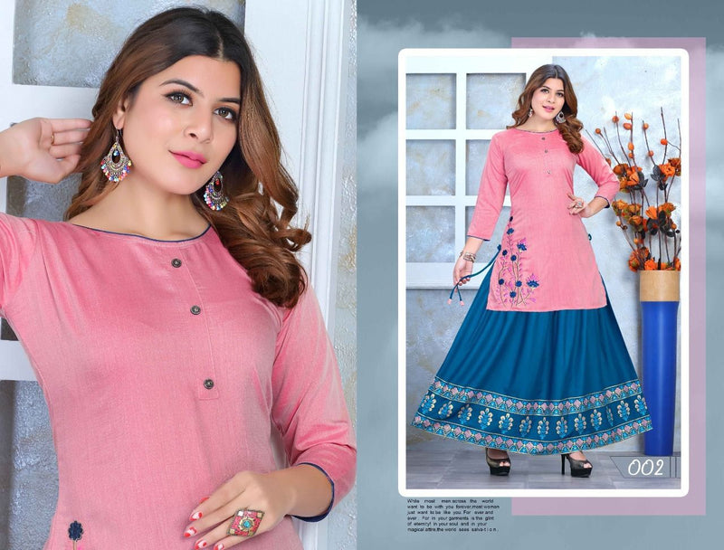 Beauty Queen Mishri Vol 2 Rayon Fancy Embroidered Party Wear Kurtis With Skirt