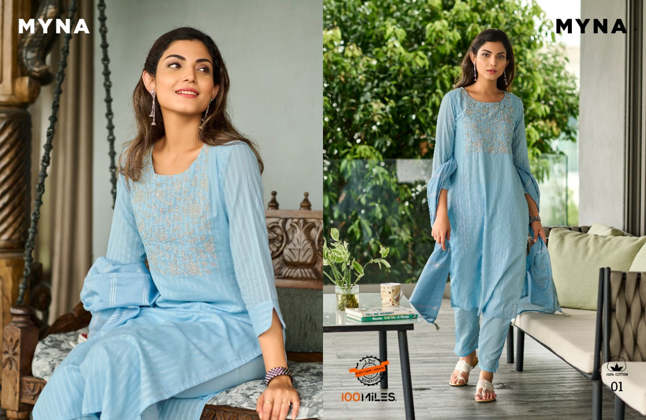 100 Miles Myna Pure Cotton With Heavy Embroidery Work Stylish Designer Casual Kurti