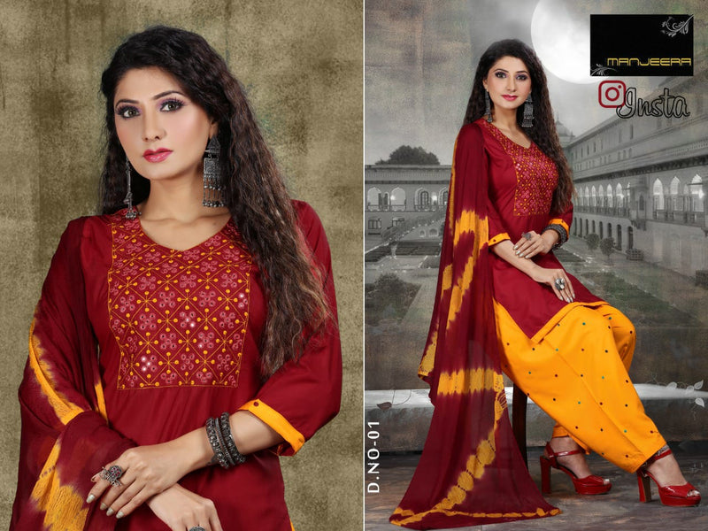 Manjeera Insta semi Satin with Inner Patiyala Work Salwar Suit