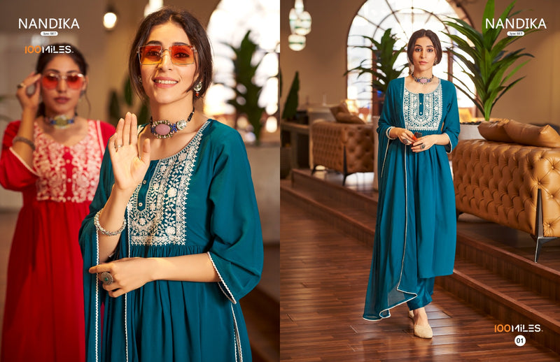 100 Miles Nandika Georgette Embroidered Fancy Designer Partywear Kurti